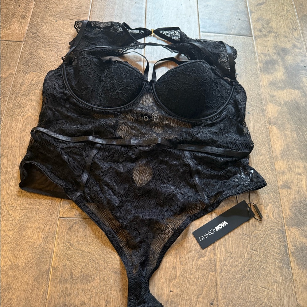 Fashion Nova Black Lace Bra Bodysuit